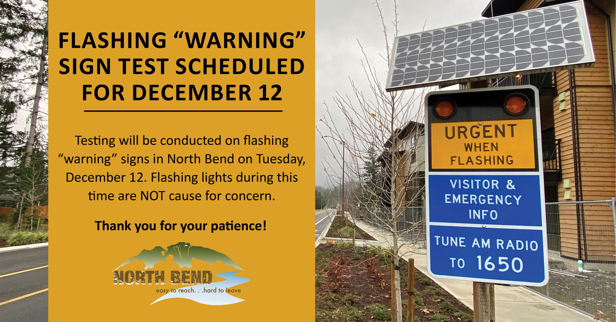  Flashing “warning” sign test scheduled for Tuesday, December 12 