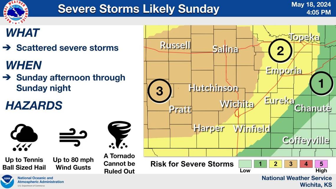  Tennis-sized hail, strong winds and a tornado possible in Wichita area on Sunday 