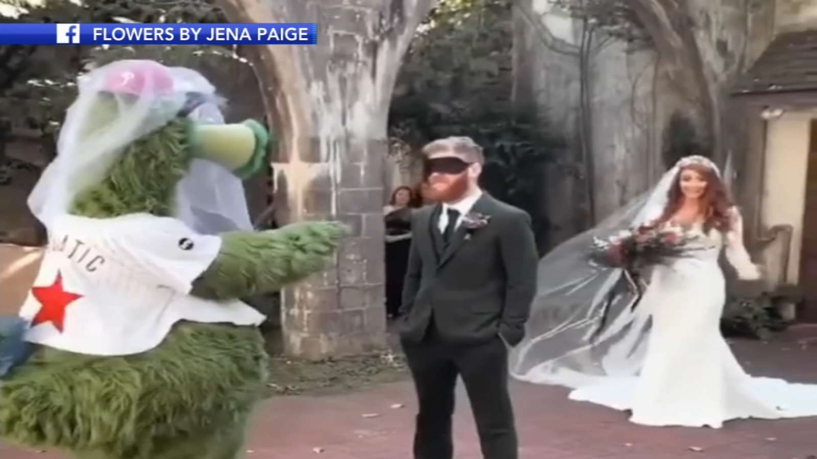   
																Hilarious video shows Phillie Phanatic pranking groom during first look at bride 
															 
