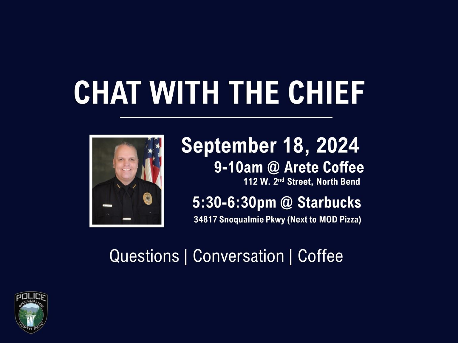  Chat with Police Chief Lynch on September 18 in North Bend 