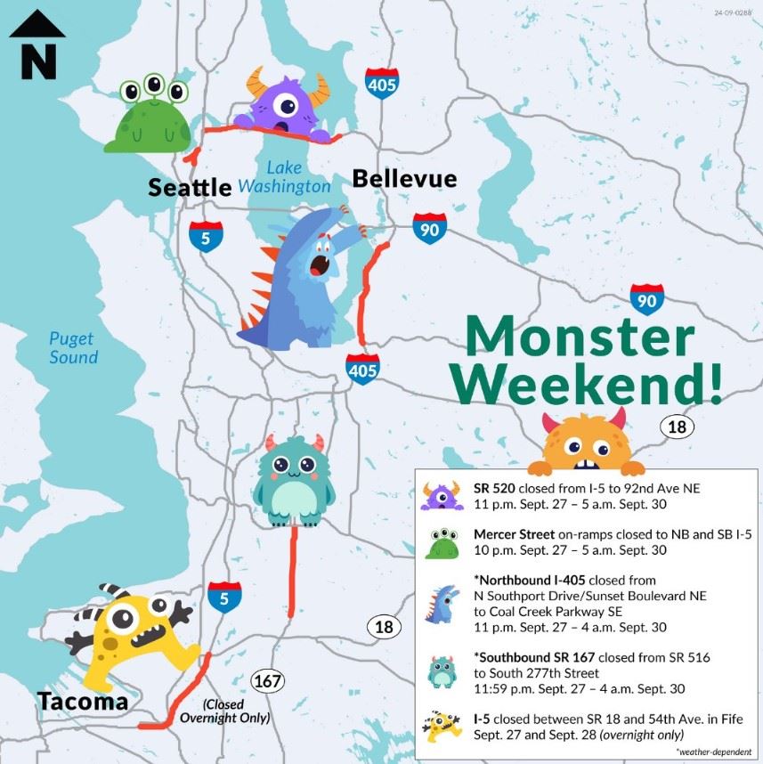  Monster weekend: Closures on SR 520, northbound I-405, southbound SR 167, and I-5 September 27-30 