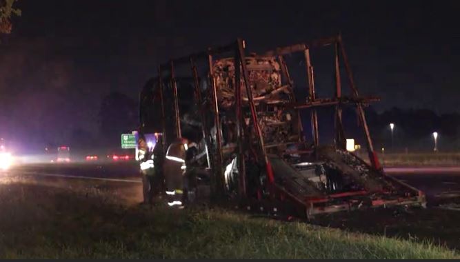  Lanes reopen after car-carrying semi fire in Clayton 