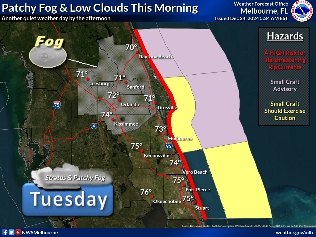  Patchy fog, low clouds and life-threatening rip currents at the beach 