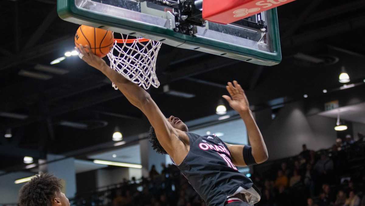  UNO's Marquel Sutton reacts to making history during Omaha-North Dakota State game 