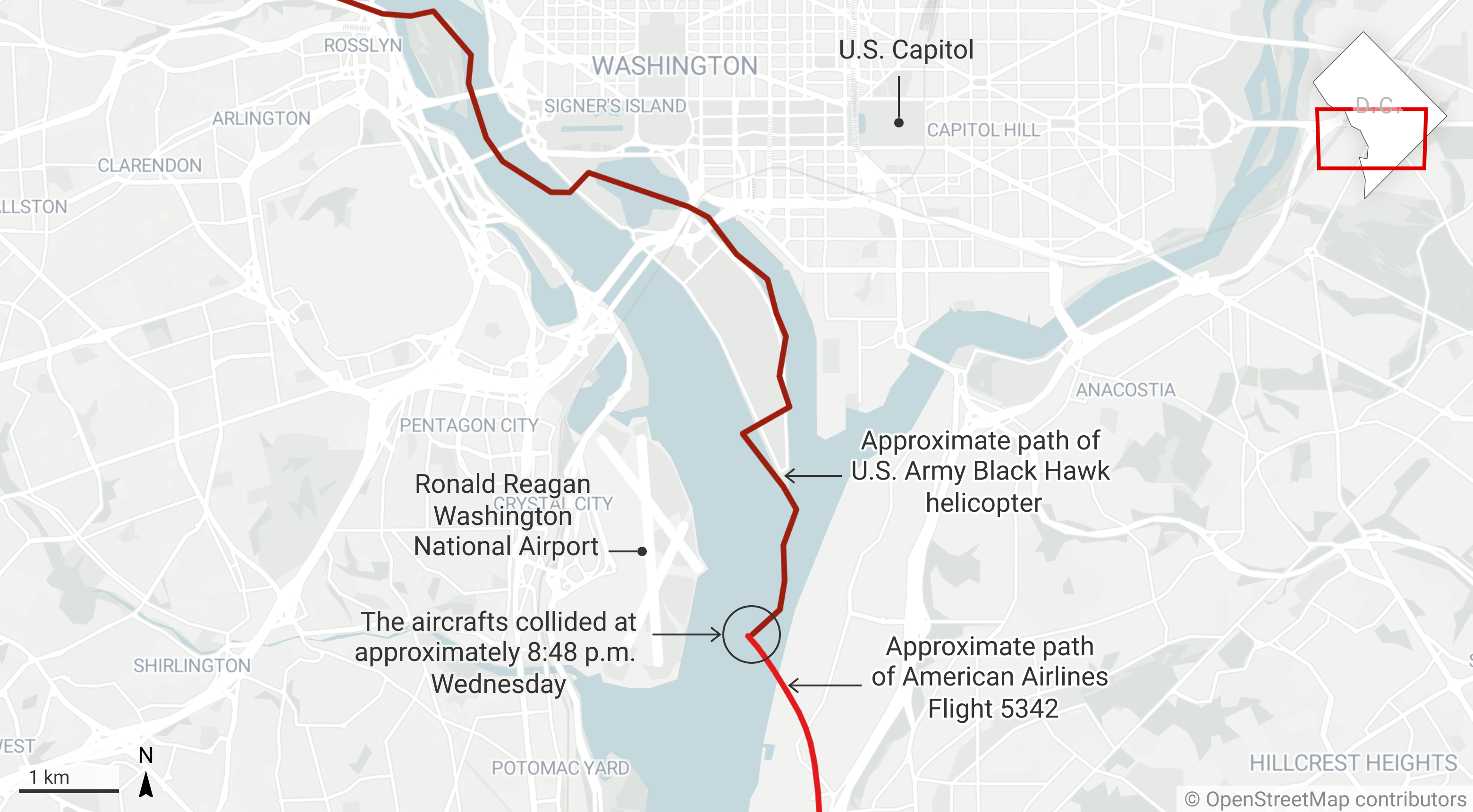   
																Map: See the paths of the plane and military helicopter that collided in D.C. 
															 