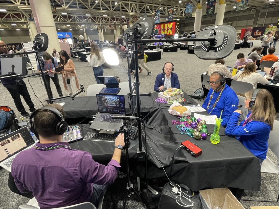   
																WATCH: LBJ and Amy Russo welcomes the world to New Orleans from Radio Row 
															 