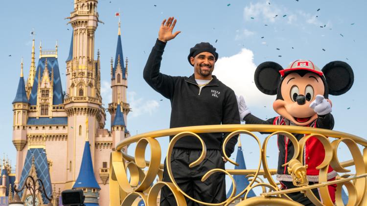   
																Super Bowl MVP Jalen Hurts celebrates win at Walt Disney World 
															 