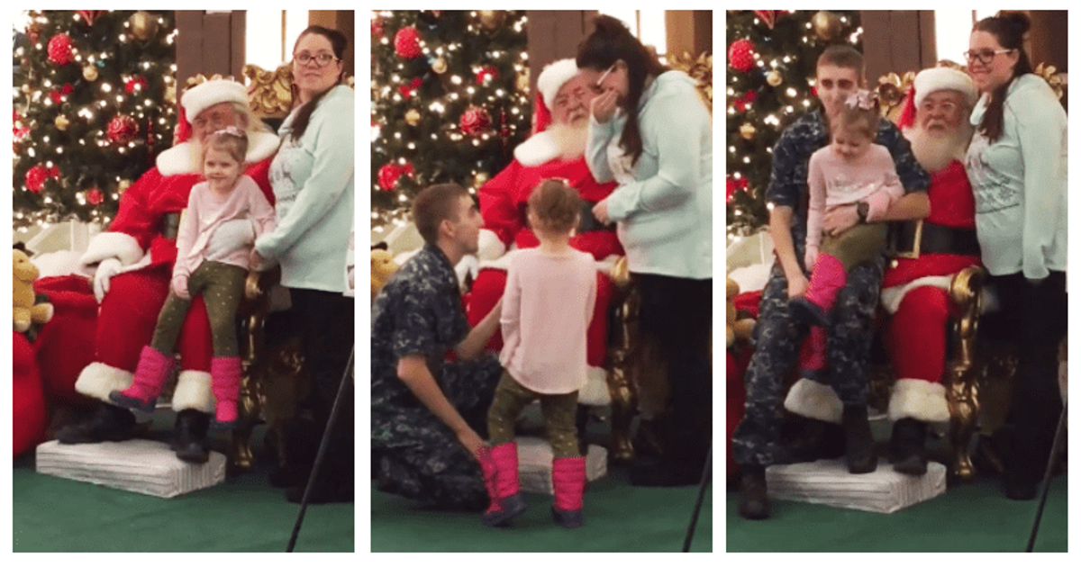  Man returns from deployment to surprise girlfriend and pulls off an epic proposal with Santa's help 