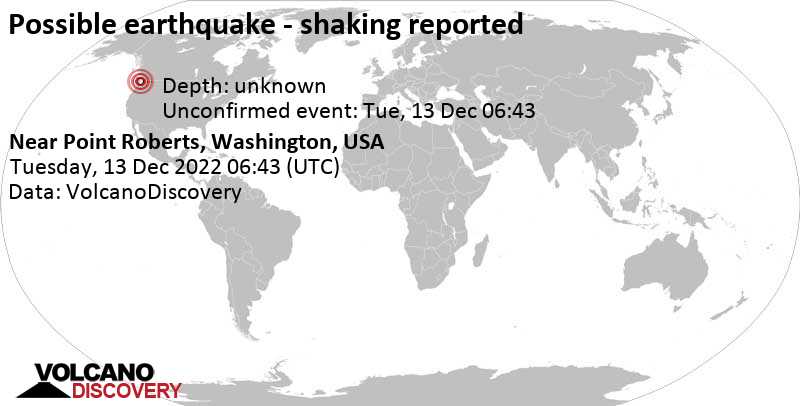  Informe sismo: Sismo o evento similar a un terremoto reportado: 10.3 km al suroeste de Point Roberts, Condado de Whatcom County, Washington, Estados Unidos, lunes, 12 dic 2022 22:43 (GMT -8) 