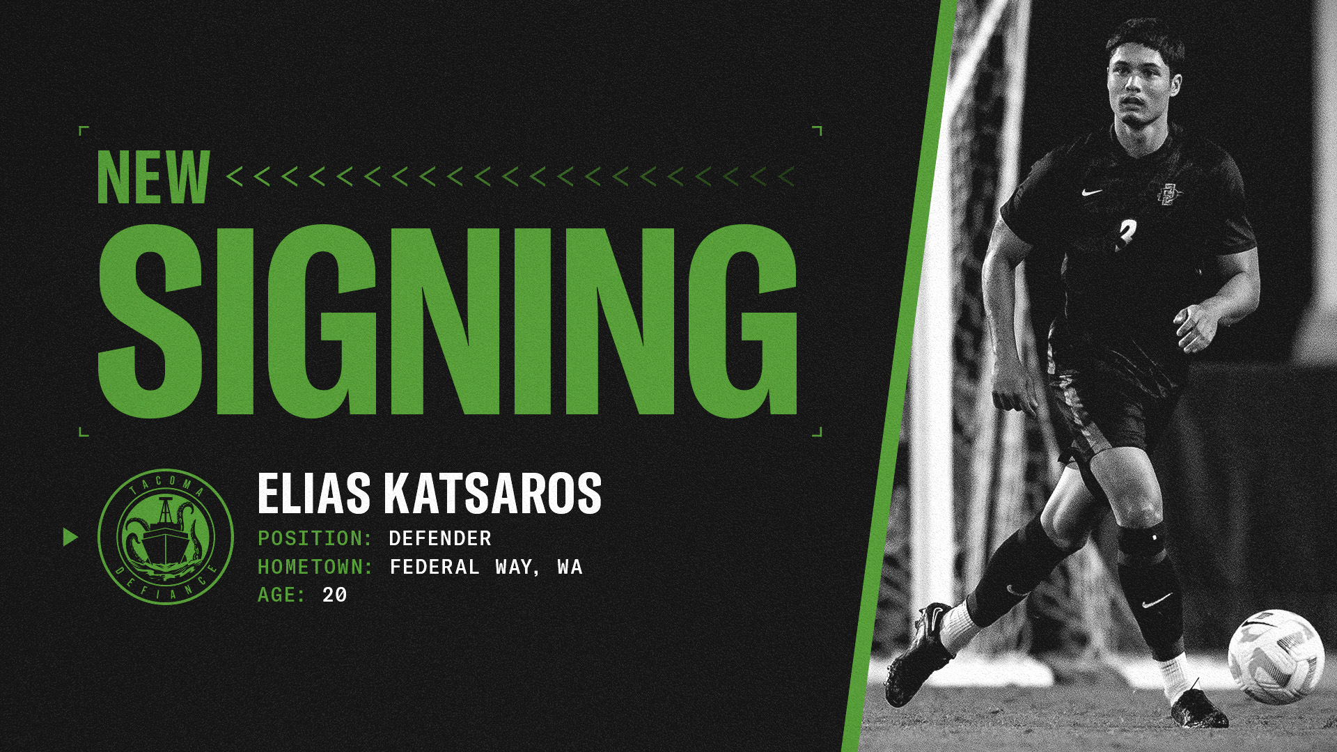  Tacoma Defiance Signs Defender Elias Katsaros 