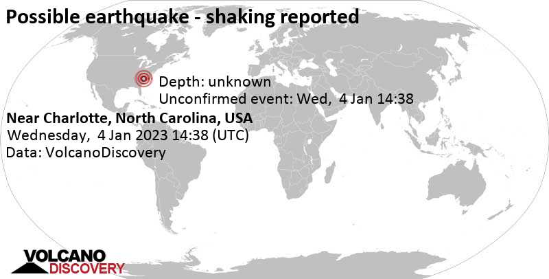  Quake Info: Reported Quake or Seismic-like Event: 15 mi Southwest of Charlotte, Mecklenburg County, North Carolina, USA, Wednesday, Jan 4, 2023 at 9:38 am (GMT -5) 