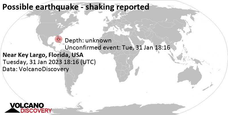  Informe sismo: Sismo o evento similar a un terremoto reportado: 42 km al norte de Key Largo, manarau ka'unti County, Florida, Estados Unidos, martes, 31 ene 2023 13:16 (GMT -5) 