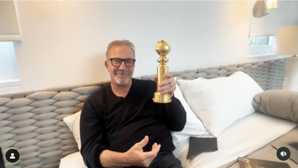  Watch Kevin Costner finally give his Golden Globes acceptance speech — from his bed 
