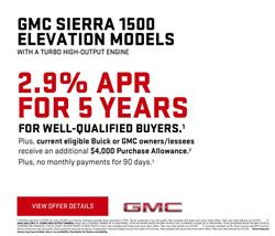  Carl Black Roswell offers 2.9% APR for 5 years on GMC Sierra 1500 Elevation models 