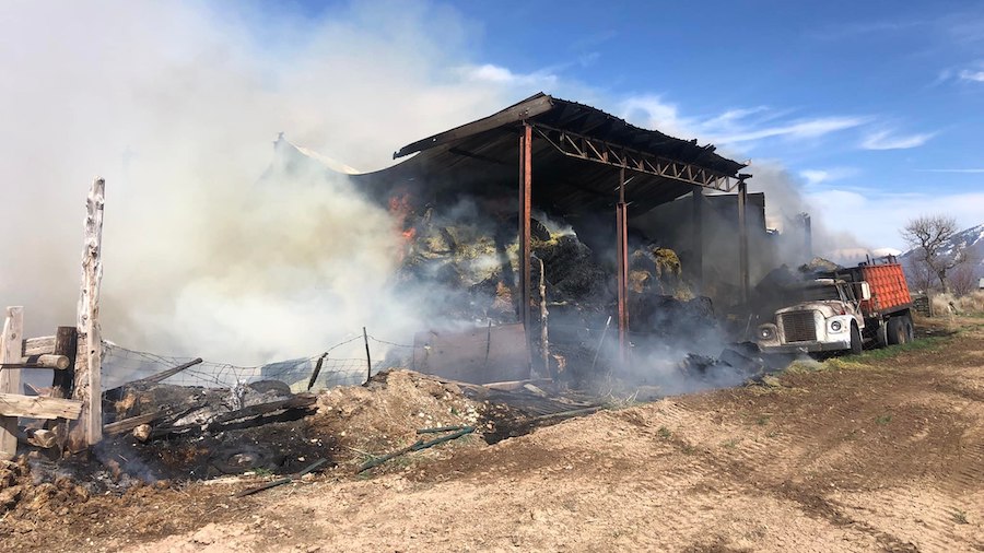   
																Out of control fire destroys hay barn, 300 tons of hay near Spanish Fork 
															 