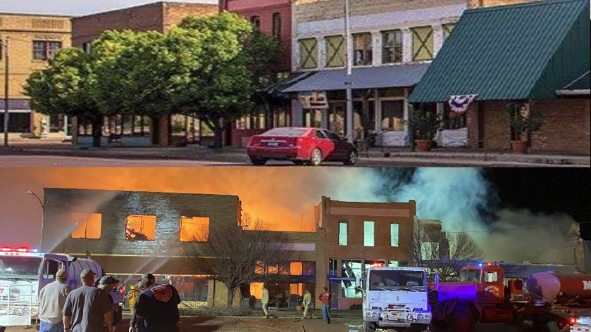  Reports: East side of Memphis, TX downtown square damaged by fire 